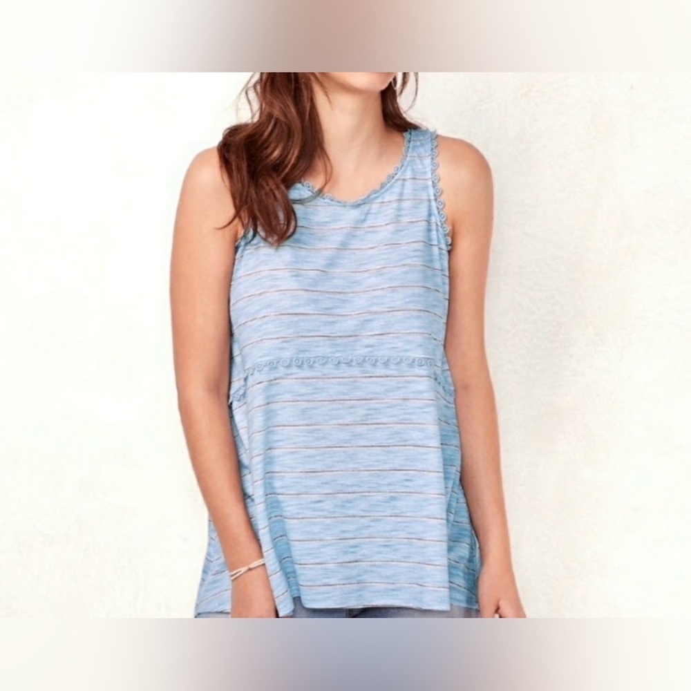 LC Lauren Conrad Striped Sleeveless Babydoll Lace Trim Top Blue Large